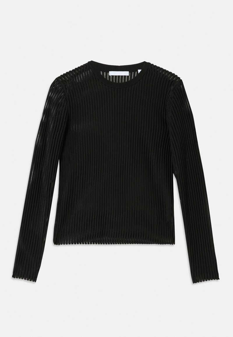 Schwarzes Langarmshirt mit gerippter Textur, rundem Ausschnitt und geradem Schnitt. Der Stoff wirkt dünn und leicht.