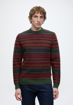 Junger Mann mit hellbraunem lockigem Haar, der einen mehrfarbigen gestreiften Pullover und dunkelblaue Jeans trägt, steht vor einem schlichten weißen Hintergrund.