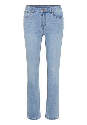 Gai zili denima bikses ar taisnu kāju dizainu, pogu aizdari un priekšējām kabatām ar kontrastējošu diegu. Gluda tekstūra.