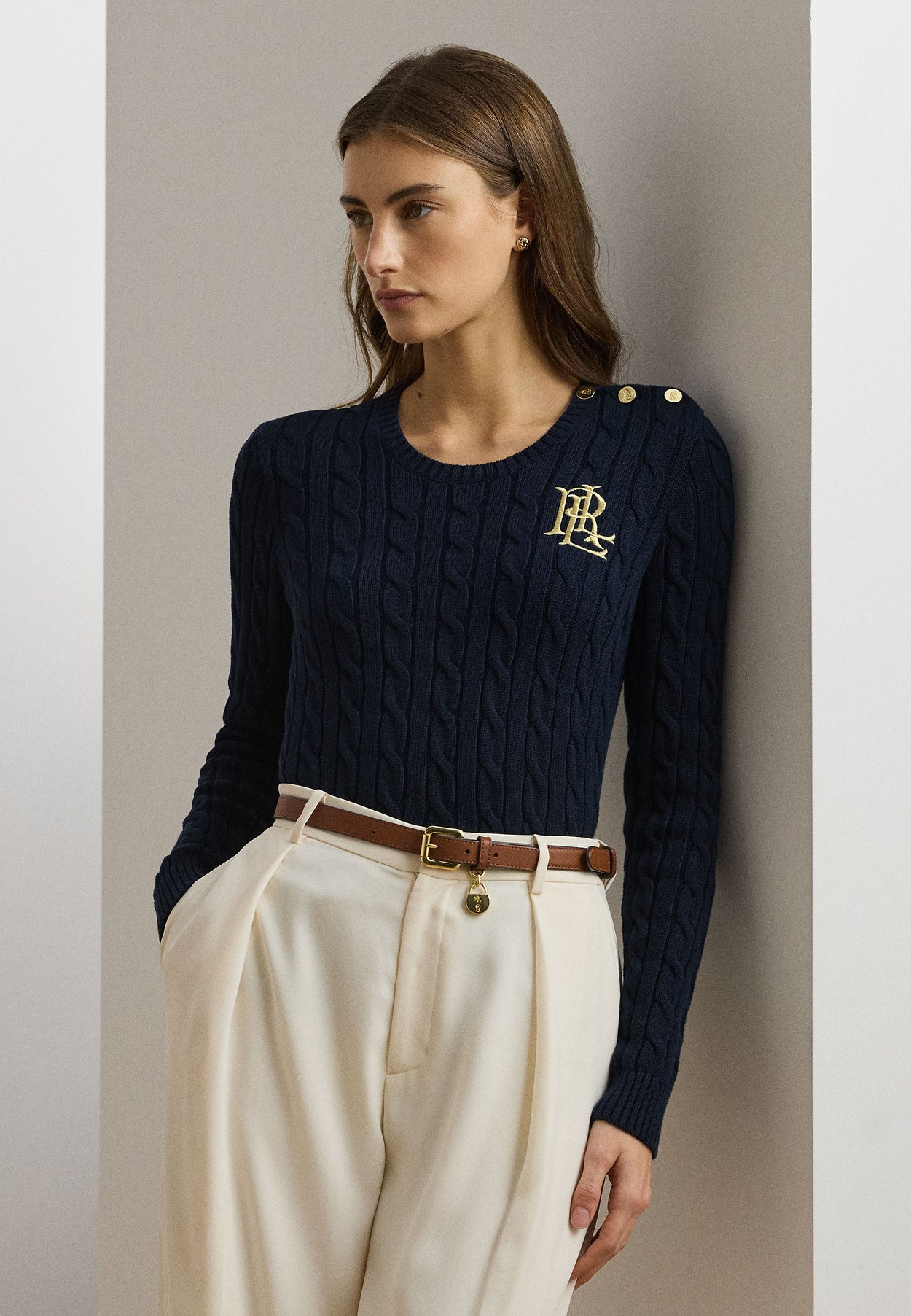 Lauren Ralph Lauren Button-Trim Cable-Knit Jersey - Navy