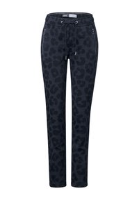 Pantalons en imprimé léopard en tissu bleu marine foncé, dotés d'une taille élastique, d'un cordon de serrage et de poches latérales zippées avec des accents métalliques.