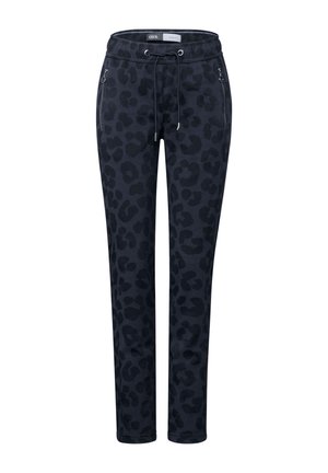 Pantalons en imprimé léopard en tissu bleu marine foncé, dotés d'une taille élastique, d'un cordon de serrage et de poches latérales zippées avec des accents métalliques.