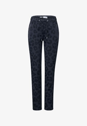 Leopardprint broek van donkerblauwe stof, voorzien van een elastische tailleband, een trekkoord en zijzakken met rits met metalen accenten.