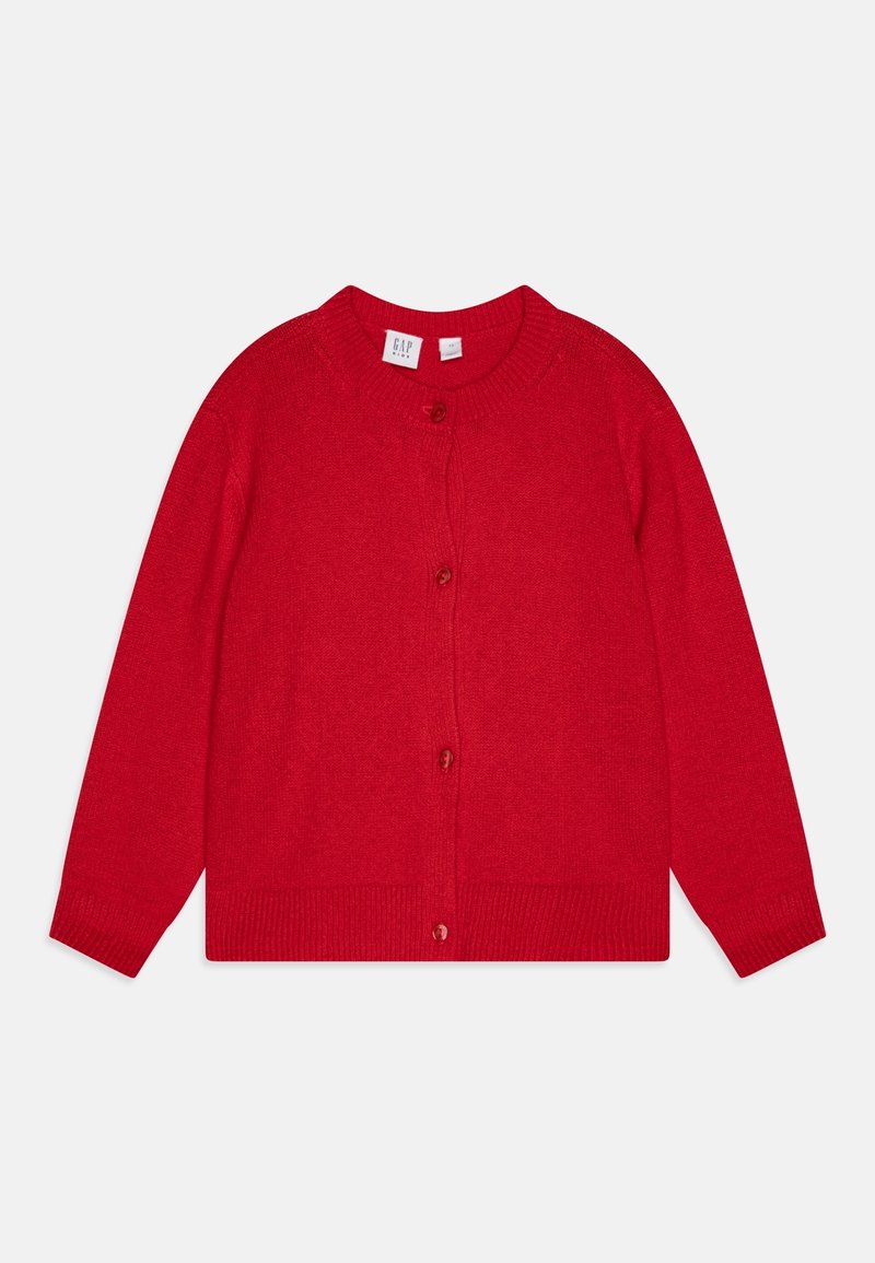 Cardigan rouge en maille à manches longues avec encolure ronde et quatre boutons sur le devant, étalé à plat sur un fond blanc.