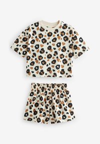 Leopardenmuster-Set bestehend aus einem kurzärmeligen Oberteil und Shorts mit elastischem Bund in Creme-, Schwarz- und Brauntönen. Baumwollstoff.