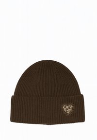 Brown knit beanie with ribbed texture, featuring a heart-shaped patch with a textured pattern. Rounded top and cuffed design.
