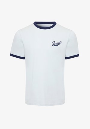 White short-sleeve T-shirt with navy blue collar and sleeve edges, featuring "Zermatt" text logo on the left chest.