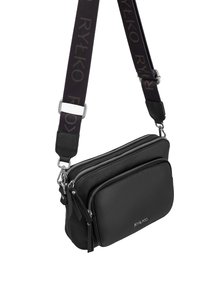 Czarna skórzana torba na ramię z dwiema zamykanymi na zamek przegrodami, teksturowana powierzchnia i regulowany pasek z brandingiem RYŁKO w ciemnym brązie.