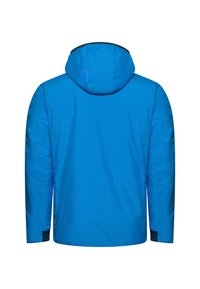 Blauwe geïsoleerde jas met een capuchon, met een gladde textuur en elastische manchet, die een minimalistisch ontwerp toont zonder zichtbare hardware.