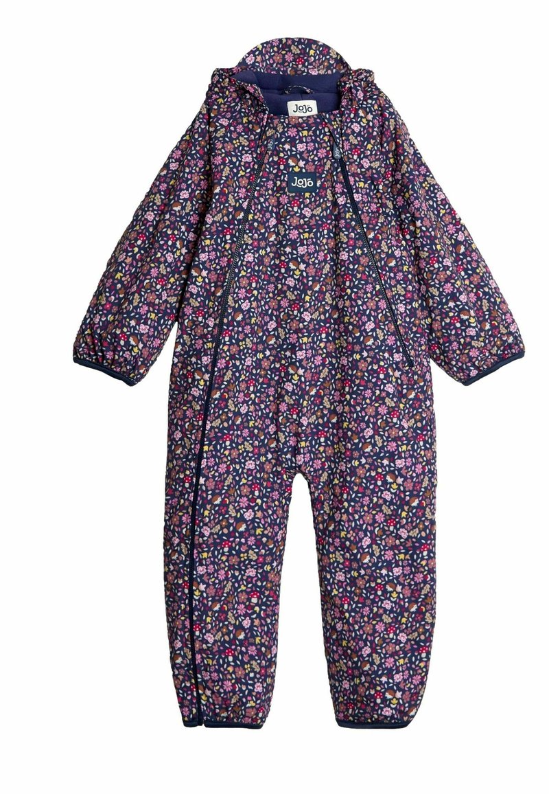 Navy sneeuwpak met bloemenpatroon, lange mouwen, volledige ritssluiting en elastische manchetten. Gemaakt van zachte, gewatteerde stof voor warmte en comfort.
