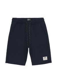 Pantaloni corti blu navy realizzati in tessuto morbido, con vita elastica e cordoncino, e tasche laterali. Etichetta del logo in fondo.