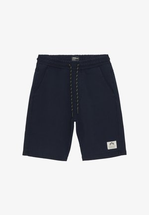 Marineblaue Shorts aus weichem Stoff, mit einem elastischen Bund und Kordelzug sowie seitlichen Taschen. Logopatch am unteren Ende.