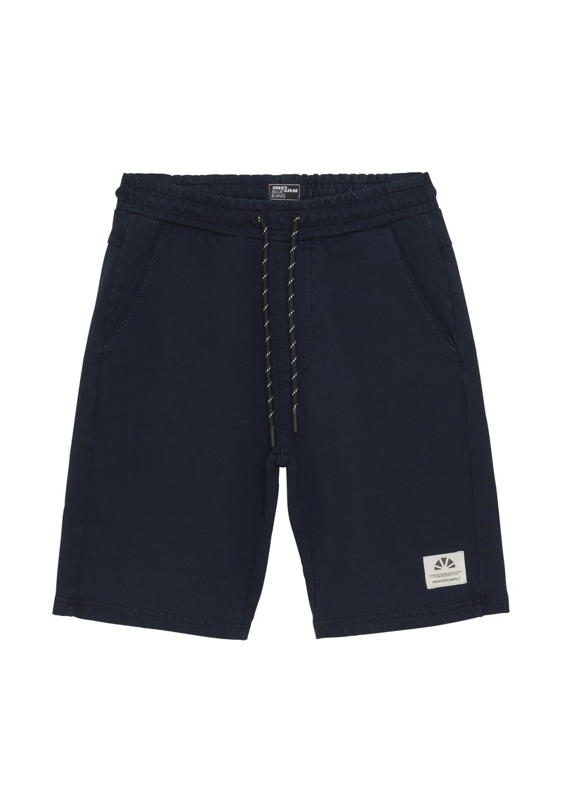 Pantaloni corti blu navy realizzati in tessuto morbido, con vita elastica e cordoncino, e tasche laterali. Etichetta del logo in fondo.