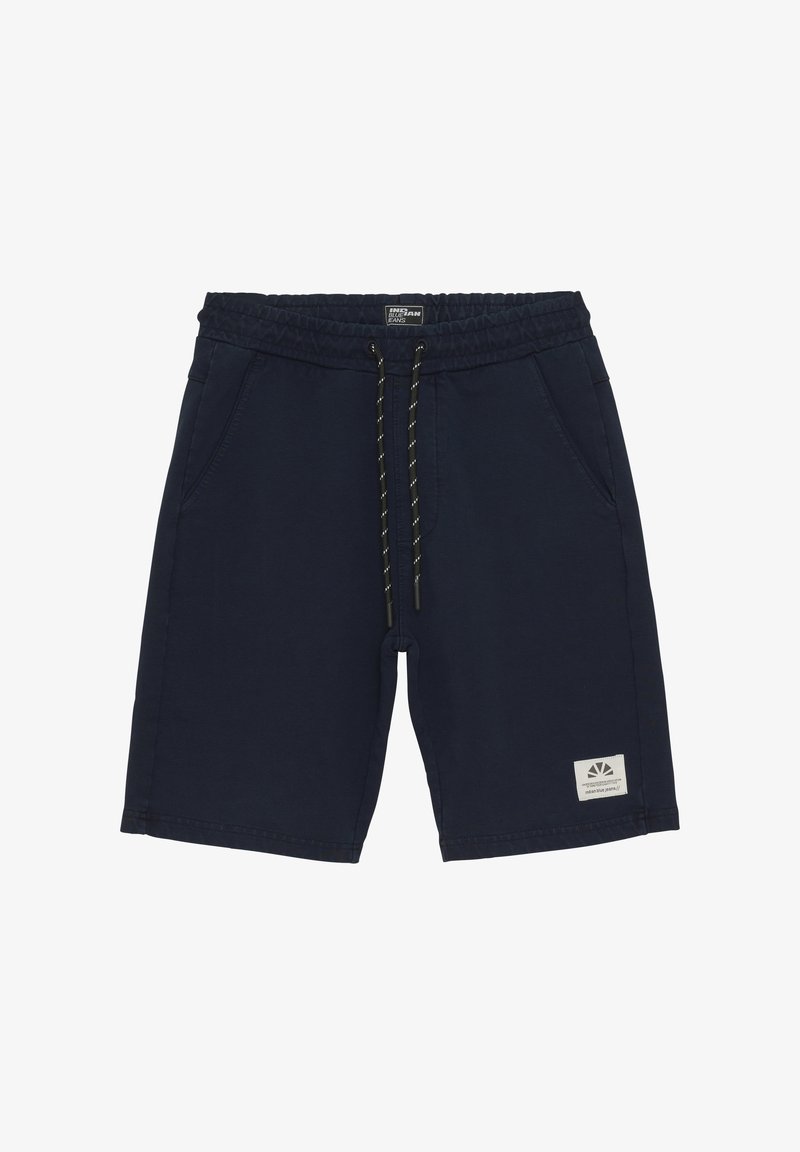 Granatowe szorty wykonane z miękkiego materiału, z elastycznym pasem ze sznurkiem i bocznymi kieszeniami. Mankiet z logo na dole.