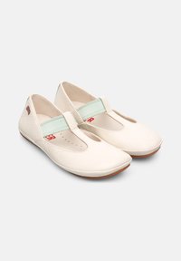 White leather ballet flats with a rounded toe, cutout design, and a mint green elastic strap across the instep. Rubber sole with minimal texture.
