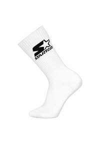 Calzini bianchi a crew con parte superiore a coste e logo "Starter" nero con una stella sul lato.
