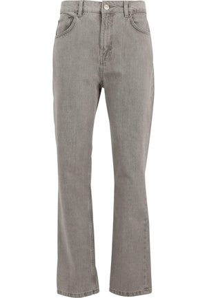 Grå denimbukser med rett ben-design, med knappelukking foran, fem lommer og subtile sømdetaljer.