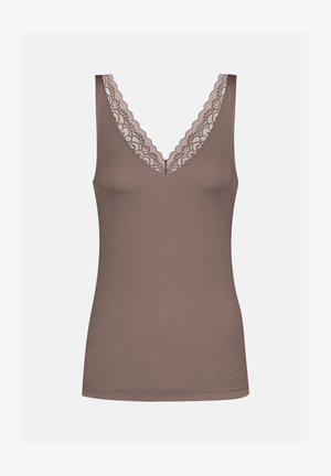 Débardeur marron avec un col en V et une bordure en dentelle le long de l'encolure, fabriqué à partir d'un tissu lisse et doux. Présente un design ajusté.