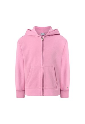 Hellrosa Sweatjacke mit Reißverschluss, Fronttaschen, gerippten Bündchen und Saum, kleinem Champion-Logo auf der Brust und dem linken Ärmel sowie angenähter Kapuze.