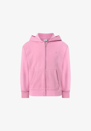 Lichtroze zip-up hoodie met zakken aan de voorkant, geribde manchetten en zoom, klein Champion-logo op de borst en linkerarm, en een aangehechte capuchon.