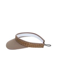 Brūns vizieris ar plašu, elastīgu malu. Iekļauj austas lentes detaļu augšā. Iekšējā odere ir balta. Ietver regulējamu melnu auklu.