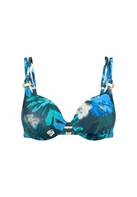 Biustonosz bikini w kwiatowy wzór w odcieniach niebieskiego i turkusowego, z usztywnionymi miseczkami, regulowanymi ramiączkami oraz złotymi akcentami.