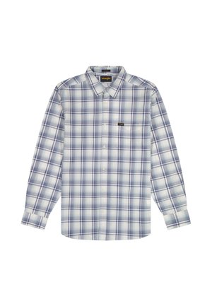 Long-sleeve, button-up plaid shirt in white and blue tones with a collar and a small Wrangler logo on the chest pocket.