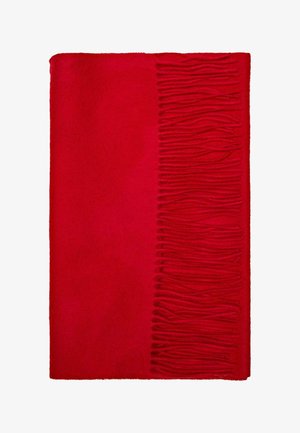 Red wool blanket featuring a smooth texture with fringed edges on one side. The blanket has a uniform color throughout.