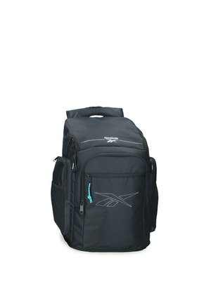 Mochila negra de Reebok con múltiples compartimentos con cremallera, bolsillos laterales, asa superior y logotipos de Reebok en los paneles frontales.
