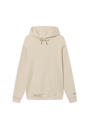 Beige hooded sweatshirt made of soft fabric, featuring a front pocket, adjustable drawstring, and a small logo accent on the sleeve.
