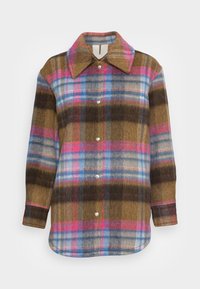 Wollen geruite blouse met een kraag, met patronen in bruin, roze, blauw en grijs. Het heeft knoopsluitingen en lange mouwen.