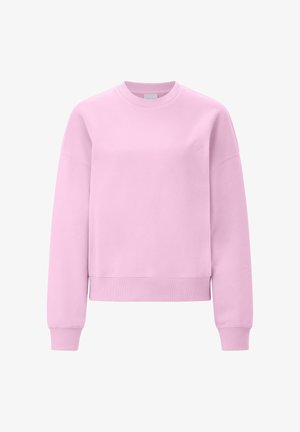 Felpa rosa chiaro con scollo tondo, maniche lunghe, polsini e orlo a costine, e piccolo logo ricamato sul petto a sinistra.