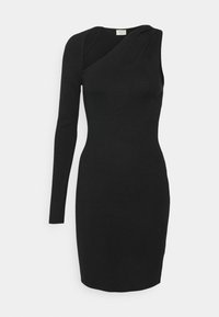 Vestito nero a maglia con design a spalla unica, silhouette aderente e manica lunga. Tessuto liscio con dettagli minimi.