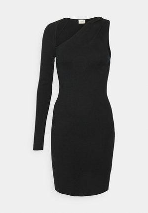 Black knit dress featuring a one-shoulder design, fitted silhouette, and long sleeve. Smooth texture with minimal detailing.