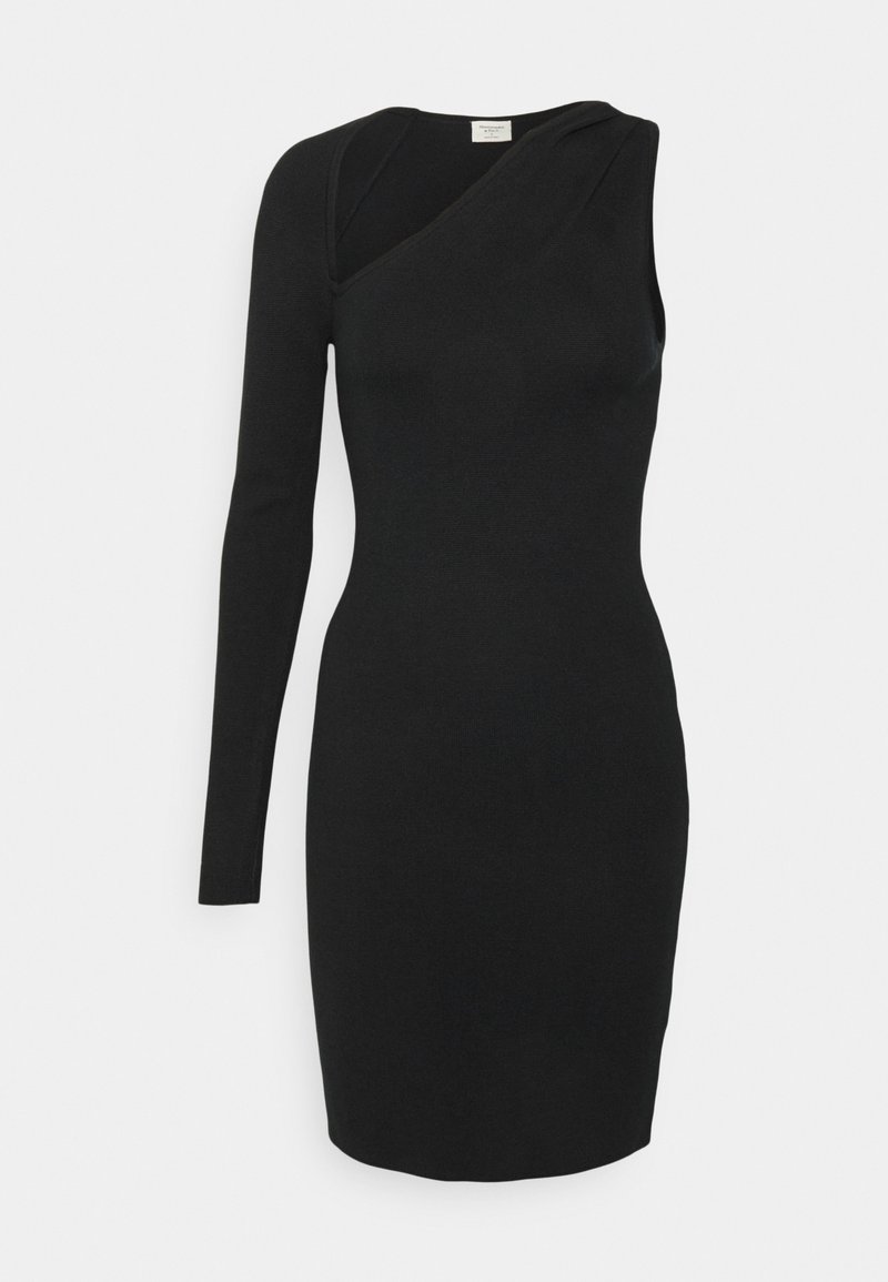 Vestito nero a maglia con design a spalla unica, silhouette aderente e manica lunga. Tessuto liscio con dettagli minimi.