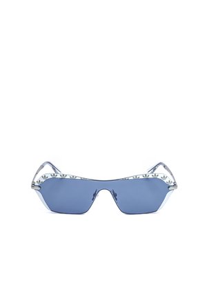 Occhiali da sole futuristici con lente tinta di blu, lenti angolari e aste traslucide con motivi del logo trifoglio nero.