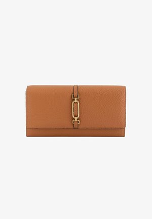 Brown leather wallet with a textured finish, featuring a gold-tone chain accent and a simple flap closure. Compact and rectangular design.