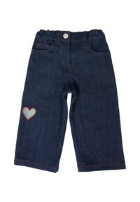 Pantaloni in denim blu scuro con taglio dritto, caratterizzati da cuciture rosse e un emblema a forma di cuore sul ginocchio sinistro. Inclusi tasche frontali.