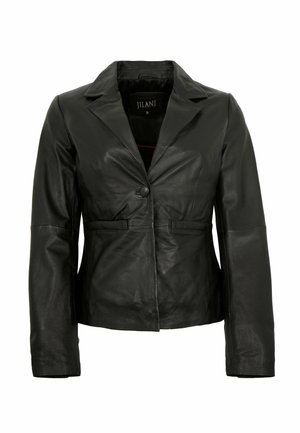 Schwarze Lederjacke mit Reverskragen, langen Ärmeln und einreihiger Knopfleiste vorne.