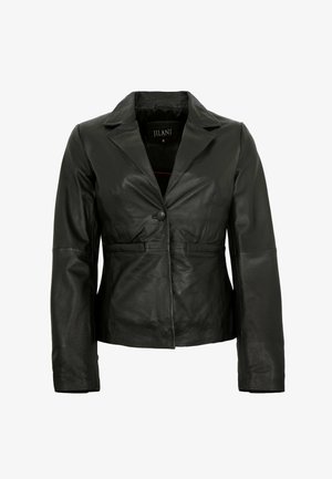 Black leather jacket with lapel collar, long sleeves, and single-button closure on the front.