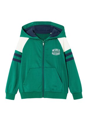 Green zip-up hoodie with navy and white shoulder stripes, front pockets, cuffed sleeves, and "World Athletics Record" text on the chest.