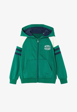 Green zip-up hoodie with navy and white shoulder stripes, front pockets, cuffed sleeves, and "World Athletics Record" text on the chest.
