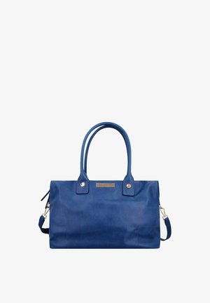 Blauwe leren handtas met dubbele handvatten en afneembare schouderriem, met metalen accenten en een klein rechthoekig decoratief plaatje.