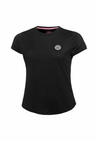 Camiseta atlética negra de manga corta con cuello redondo y pequeño logo blanco en el pecho izquierdo, diseñada para mujeres.