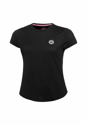 Schwarzes, kurzärmliges Sportshirt mit Rundhalsausschnitt und kleinem weißen Logo auf der linken Brust, konzipiert für Frauen.