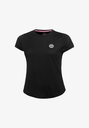 Schwarzes, kurzärmliges Sportshirt mit Rundhalsausschnitt und kleinem weißen Logo auf der linken Brust, konzipiert für Frauen.