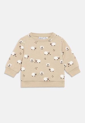 Beige Sweatshirt aus Baumwollmischung mit einem Schafmuster und braunen Akzenten. Rundhalsausschnitt, gerippte Bündchen und Saum.