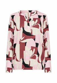 Langærmet top med et abstrakt mønster i pink, sort og mørkerød, med V-udskæring og blød stoftekstur.