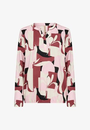 Majica z dolgimi rokavi z rožnatim, črnim in bordo abstraktnim vzorcem, z V-izrezom in mehko teksturo tkanine.