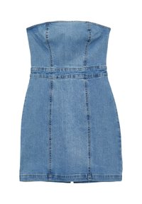 Denim-straplesskleid in Hellblau. Enganliegendes Oberteil mit gesteppten Details und einem ausladenden Rock. Glatte Textur und gleichmäßige Farbabdeckung.